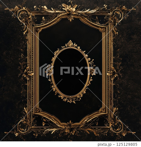 Elegant funeral flyer template in dark and gold with blank space for a portrait 125129805