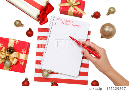 PNG, new year's resolutions, notebook with new year's decor, isolated on white background. 125129867