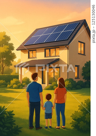 省エネ住宅の太陽光パネルを見上げる家族 省エネ住宅の太陽光パネルを見上げる家族 125130046