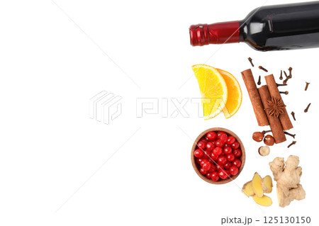 PNG, Mulled wine, bottle of wine with ingredients, isolated on white background 125130150
