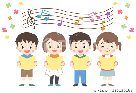 音楽会で笑顔で歌う子供たちのイラスト 125130165