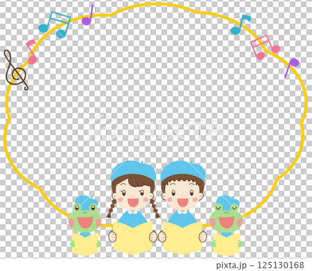 歌う子供たちとカエルの吹き出しのイラスト 125130168