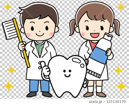 Illustration of smiling children holding toothbrushes and teeth Illustration of smiling children holding toothbrushes and teeth 125130170