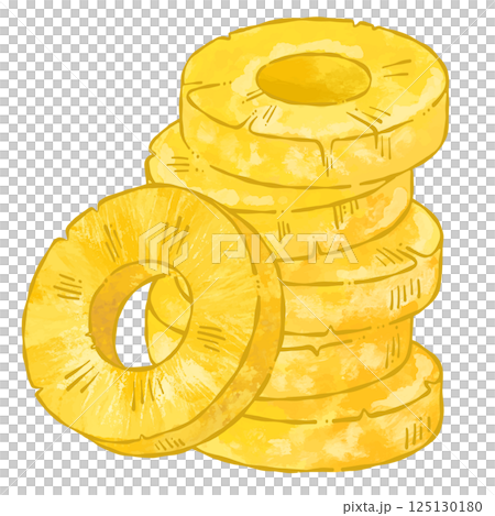 積み重なったパイナップルの輪切り水彩風のイラスト_輪郭あり 125130180