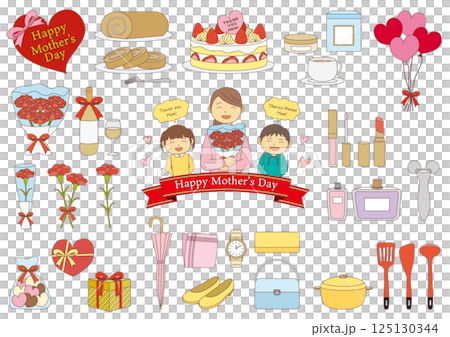 Set of illustrations of people and gifts related to Mother's Day_with main lines 125130344