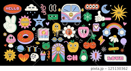 Funky groovy stickers. Cartoon 70s retro psychedelic icons, vintage hippie decorative elements with flowers and peace signs. Vector isolated set 125130362
