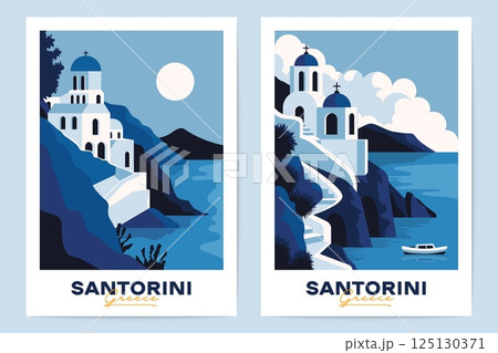 Greek Santorini banners. Mediterranean Greek abstract backgrounds with traditional Greece architecture of white buildings with blue domes, travel vacation posters. Vector flat set 125130371