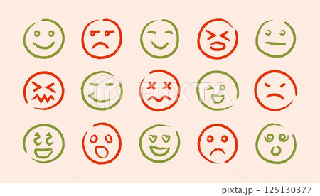 Doodle emoji faces. Funny emoticon characters with different emotions and moods, hand drawn sketch emoticons for design. Vector isolated set 125130377