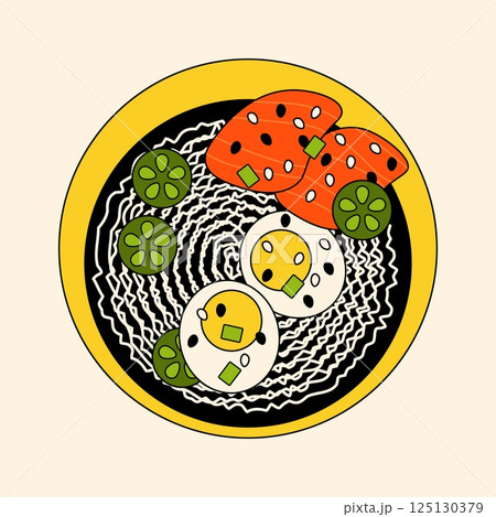 Ramen noodle soup. Traditional asian noodles in soup bowl, japanese food with broth and spices, hot meal with salmon eggs and pepper. Vector cartoon illustration Ramen noodle soup. Traditional asian noodles in soup bowl, japanese food with broth and spices, hot meal with salmon eggs and pepper. Vector cartoon illustration 125130379