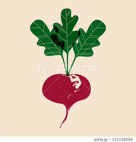 Fresh beet. Cartoon ripe beetroot with green leaves risograph style, flat organic vegetable healthy nutrition food, sweet tuber crop linocut effect. Vector isolated illustration 125130384