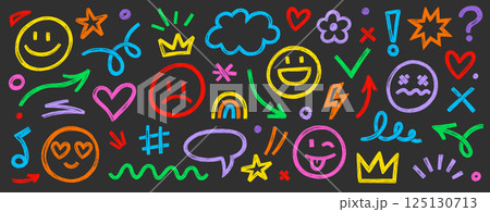 Smile brush hand drawn vector element set. Emoji fun face, heart, crown symbol crayon texture marker background kid sketch style hand drawn element. Scribble shape, smiley face. Vector 125130713