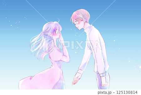 手を差し出す男性と泣く女性　風　逆光 125130814
