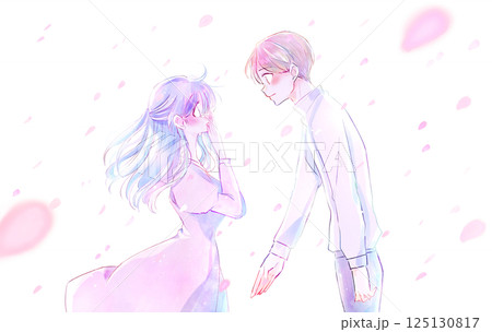 手を差し出す男性と泣く女性　風　桜吹雪　逆光 125130817