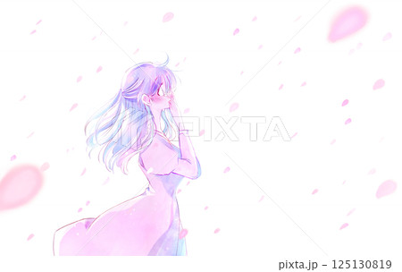 泣いて驚く女性　横側　風　桜吹雪 125130819