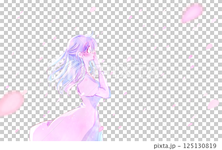 泣いて驚く女性　横側　風　桜吹雪 125130819