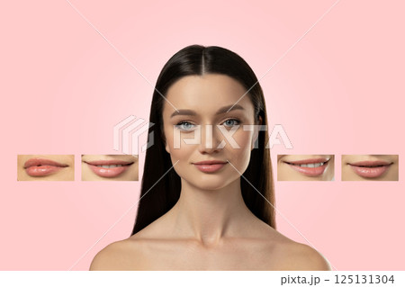 Botox. Skin Care. A girl with dental problems, on a bright background. 125131304