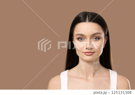 Botox. Skin Care. Facial care concept, girl with charts. 125131306