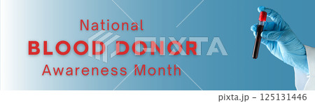 Donate blood, message to people with blood tube, on blue background. 125131446