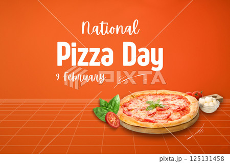 Pizza day, pizza with dough on an orange background 125131458