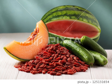 シトルリンが含まれている食材 スイカ メロン きゅうり クコの実 シトルリンが含まれている食材 スイカ メロン きゅうり クコの実 125131654
