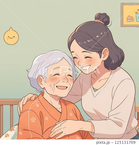 介護士の笑顔が伝わるイラスト素材｜高齢者との心温まるふれあいシーン 125131709