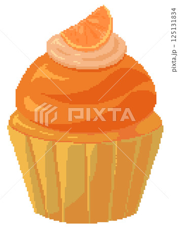 Orange cupcake with orange cream in pixel art style 125131834