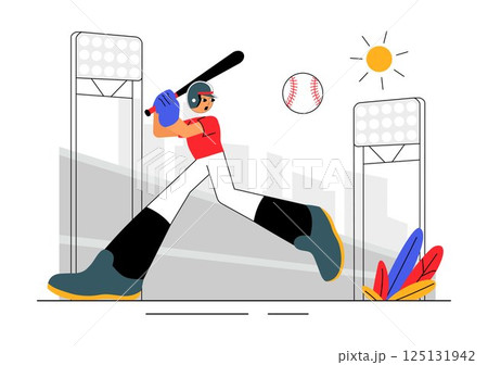A Baseball Player Sport Vector Illustration featuring an Athlete in Uniform Throwing, Catching, or Hitting a Ball using Bats and Gloves on a Stadium 125131942