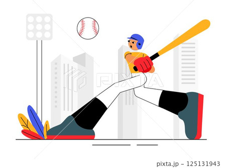 A Baseball Player Sport Vector Illustration featuring an Athlete in Uniform Throwing, Catching, or Hitting a Ball using Bats and Gloves on a Stadium 125131943