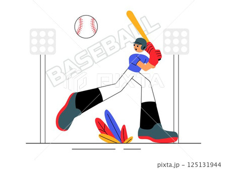 A Baseball Player Sport Vector Illustration featuring an Athlete in Uniform Throwing, Catching, or Hitting a Ball using Bats and Gloves on a Stadium 125131944