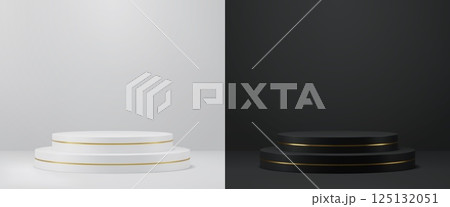 White and black product podium stage. Split background showcasing circular pedestals with golden trim. Realistic 3d vector minimalistic premium product displays for luxury cosmetics presentations 125132051