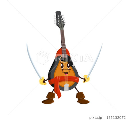 Cartoon mandolin musical instrument pirate and corsair character features cheerful face, wearing red bandana and boots and wielding two cutlasses, adding a whimsical, playful and adventurous vibe 125132072