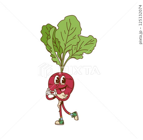 Groovy radish vegetable character with funny face and love fingers gesture, cartoon vector. Groovy radish character with happy smile and heart fingers gesture in hipster shoes for cute veggie emoji Groovy radish vegetable character with funny face and love fingers gesture, cartoon vector. Groovy radish character with happy smile and heart fingers gesture in hipster shoes for cute veggie emoji 125132074