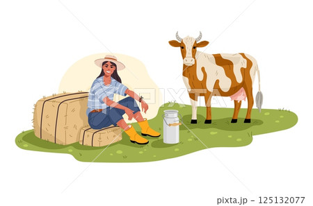 Smiling young farmer woman character in hat and boots rests on hay bales beside a cow and metal milk container, symbolizing rural life, sustainable agriculture and daily farming routine on green field 125132077