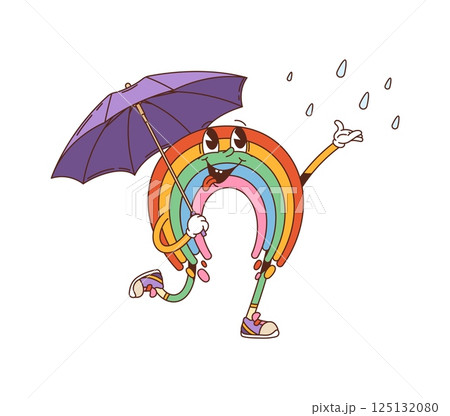 Cartoon retro groovy rainbow with umbrella and funny face, vector character. Groovy rainbow with happy smile and tongue out catching rain drops under umbrella, funky emoji character or emoticon 125132080