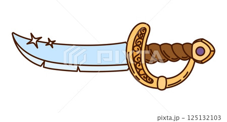 Cartoon groovy corsair and pirate sabre with a rugged blade and gemstone on its golden handle. Isolated vector retro vintage sword, symbol of danger, adventures and daring voyages on the high seas Cartoon groovy corsair and pirate sabre with a rugged blade and gemstone on its golden handle. Isolated vector retro vintage sword, symbol of danger, adventures and daring voyages on the high seas 125132103