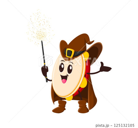 Cartoon tambourine wizard or musical instrument mage with magic wand for Halloween, vector character. Funny tambourine in sorcerer mantle and witch hat for Halloween holiday music instrument character 125132105
