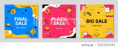 Sale Memphis banners with abstract geometric shapes. Discounts up to 50 percent off. Vector vibrant square cards, shop retail advertising templates for promoting seasonal deals or attracting customers 125132141