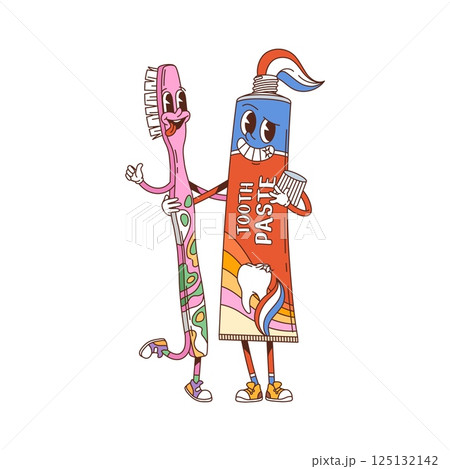 Cartoon groovy toothpaste and toothbrush medicine and health care characters smiling and giving a thumbs up. Vector retro y2k personages promote dental hygiene, oral health and tooth care for kids Cartoon groovy toothpaste and toothbrush medicine and health care characters smiling and giving a thumbs up. Vector retro y2k personages promote dental hygiene, oral health and tooth care for kids 125132142