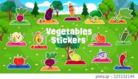 Funny cartoon vegetable characters on yoga fitness sport stickers pack. Vector patches of funny vegs wearing sporty headbands engaging in stretching exercises on mats in a lush green outdoor landscape Funny cartoon vegetable characters on yoga fitness sport stickers pack. Vector patches of funny vegs wearing sporty headbands engaging in stretching exercises on mats in a lush green outdoor landscape 125132144