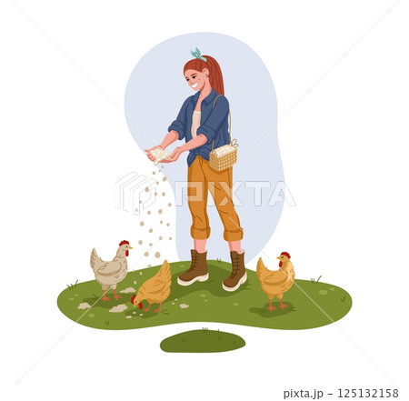 Young smiling farmer girl feeding chickens with grain on green grass. Cartoon flat vector female character carries a wicker basket and wears casual farm clothes, representing daily rural poultry care Young smiling farmer girl feeding chickens with grain on green grass. Cartoon flat vector female character carries a wicker basket and wears casual farm clothes, representing daily rural poultry care 125132158