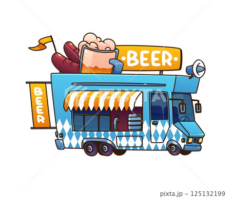 Beer food truck car, festival street foodtruck van. Cartoon vector vintage automobile features taps and large beer mug and sausages on top. Vector retro vehicle serving drinks at festivals and events Beer food truck car, festival street foodtruck van. Cartoon vector vintage automobile features taps and large beer mug and sausages on top. Vector retro vehicle serving drinks at festivals and events 125132199