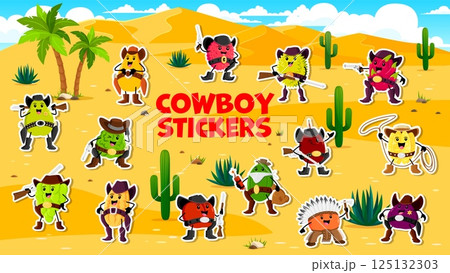 Cartoon tropical fruit cowboy, robber and ranger characters stickers pack. Vector western and wild west personages of sheriffs, cowpunchers and native Americans in a desert with palm trees and cacti Cartoon tropical fruit cowboy, robber and ranger characters stickers pack. Vector western and wild west personages of sheriffs, cowpunchers and native Americans in a desert with palm trees and cacti 125132303