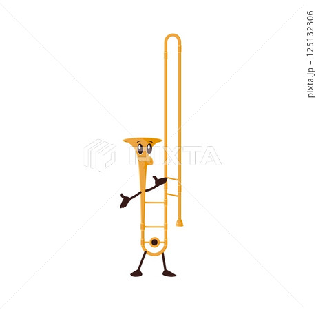 Cartoon funny trombone musical instrument character. Isolated vector amusing horn or trumpet personage with happy face. Brass pipe for music school educational classes for kids, or concert performance 125132306