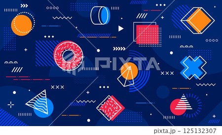 Bright geometric Memphis seamless pattern with abstract shape elements, vector background. Memphis pattern with modern colors or retro Y2K geometric shapes and isometric elements and minimal figures 125132307