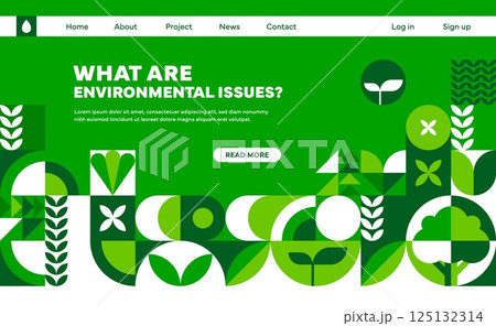 landing page with ecology environment geometric pattern. Vector web banner template for environmental campaigns, sustainability awareness and eco friendly focused projects in green and white colors 125132314
