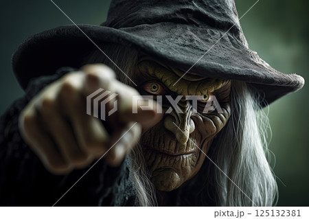 Evil witch pointing finger. Ai Generative Evil witch pointing finger. Ai Generative 125132381