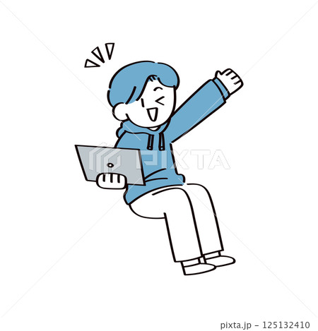 手をあげているパソコンを持った男性 125132410