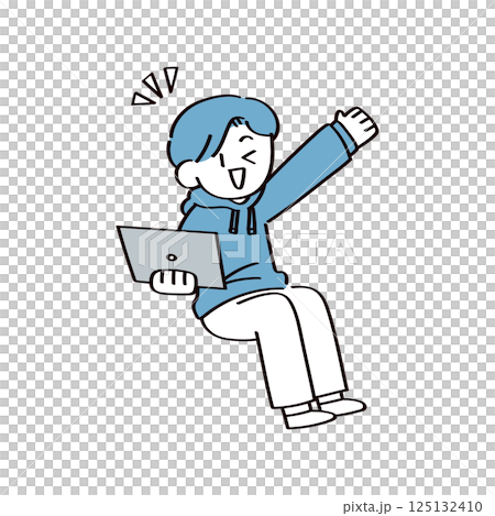 手をあげているパソコンを持った男性 125132410