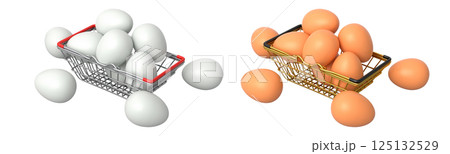 Wire baskets filled with eggs, isolated on white transparent background, concept of kitchen storage 125132529