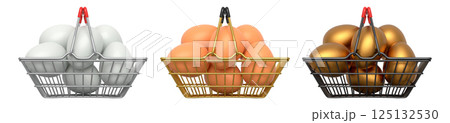 Wire baskets filled with eggs, isolated on white transparent background, concept of kitchen storage 125132530